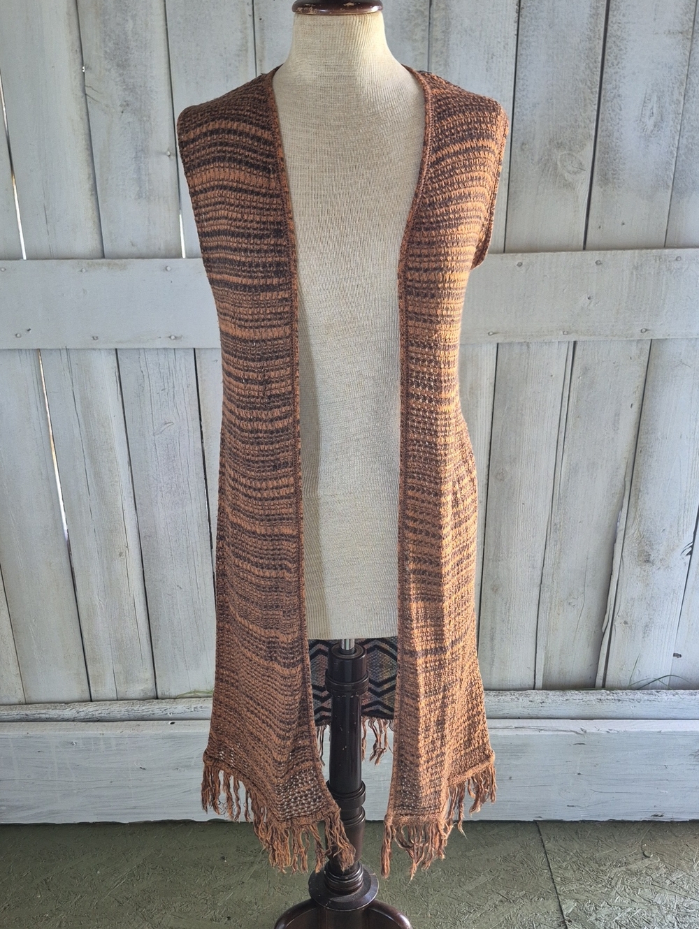 Open-Front Brown Knit Fringe Duster Vest